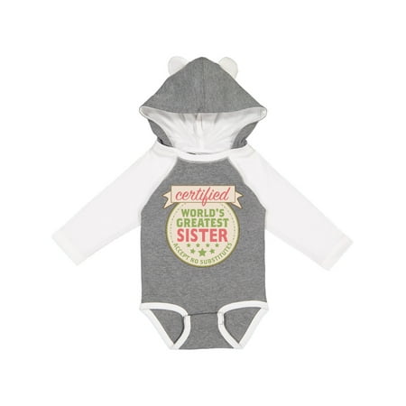 

Inktastic Certified World s Greatest Sister Accept No Substitutes Gift Baby Girl Long Sleeve Bodysuit
