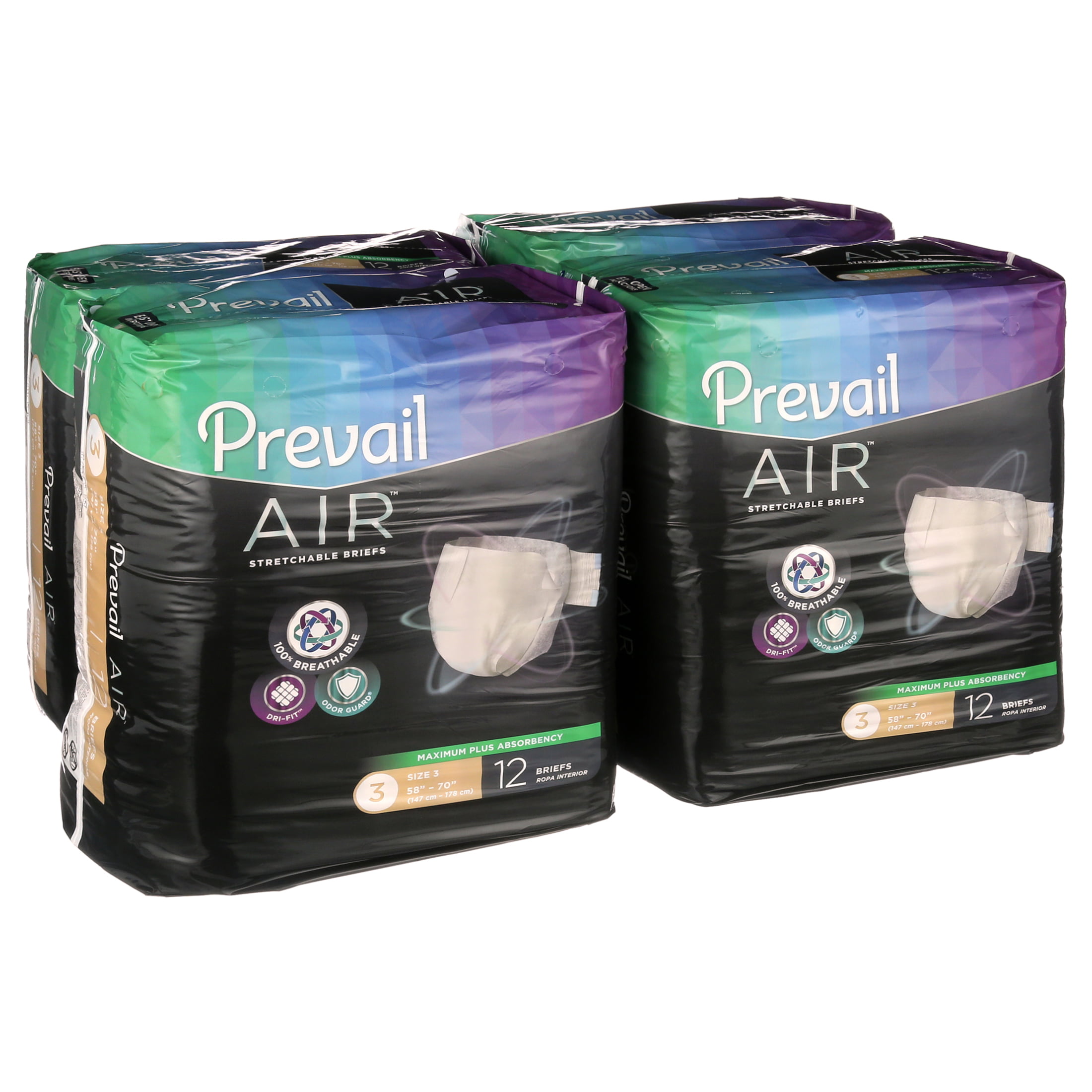 Prevail Air Maximum Plus Absorbency Stretchable Incontinence Briefs / Adult  Diapers, Size 3, 48 Count 