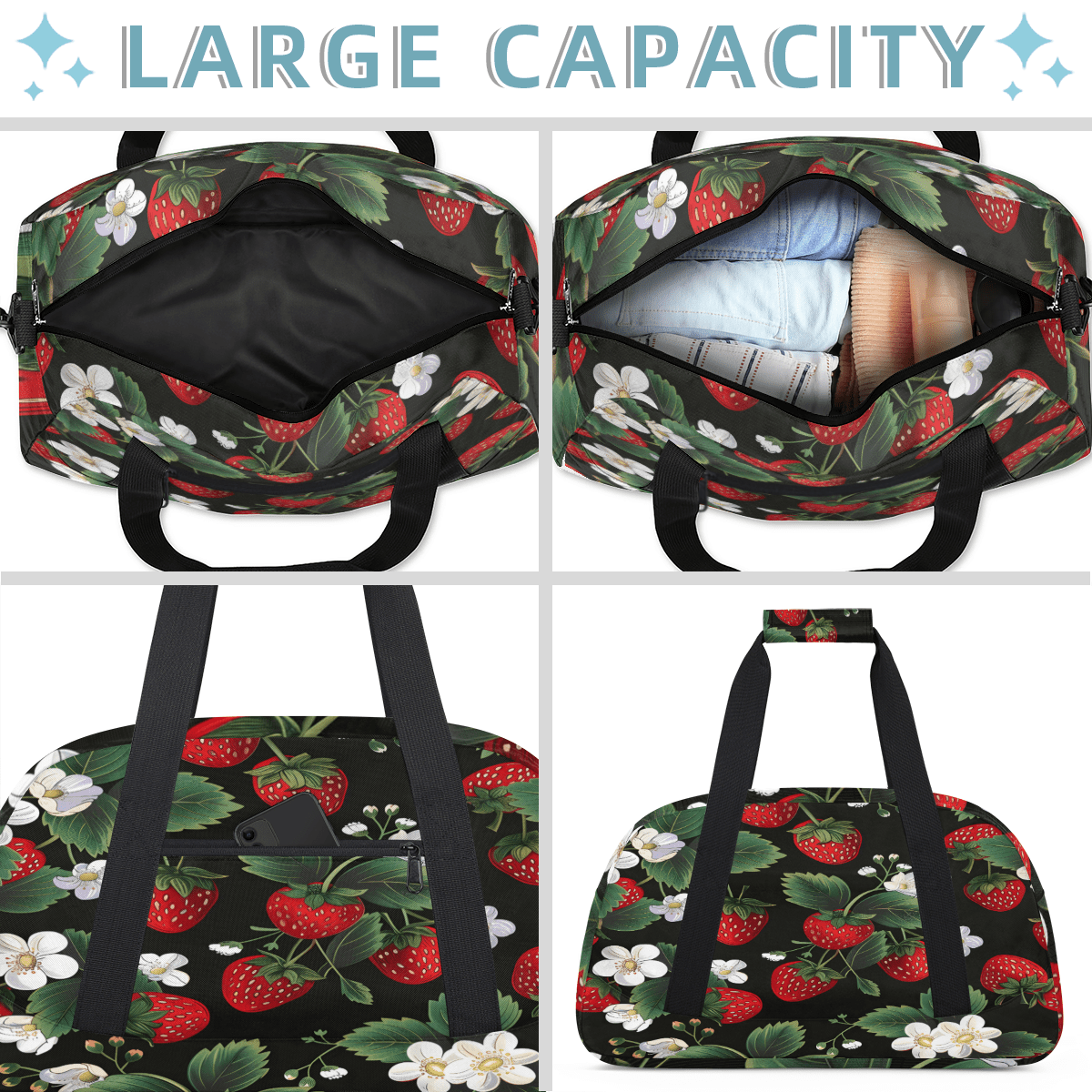 Herdesigns Cute Strawberry Sports Duffle Bag for Women & Men, Gym Bag Dance Bag Overnight Bag Carry On Weekender Travel Bag