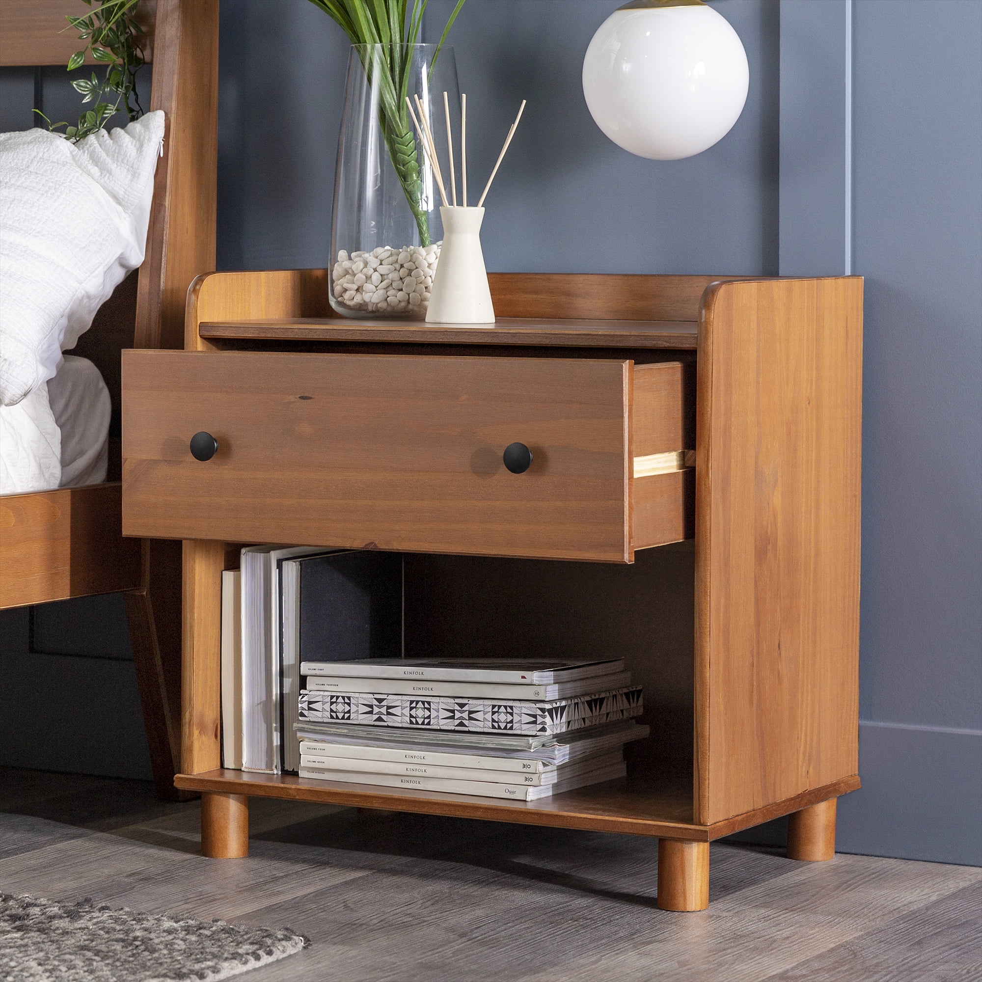 Walker Edison Mid Century Modern Tray Top Caramel Nightstand
