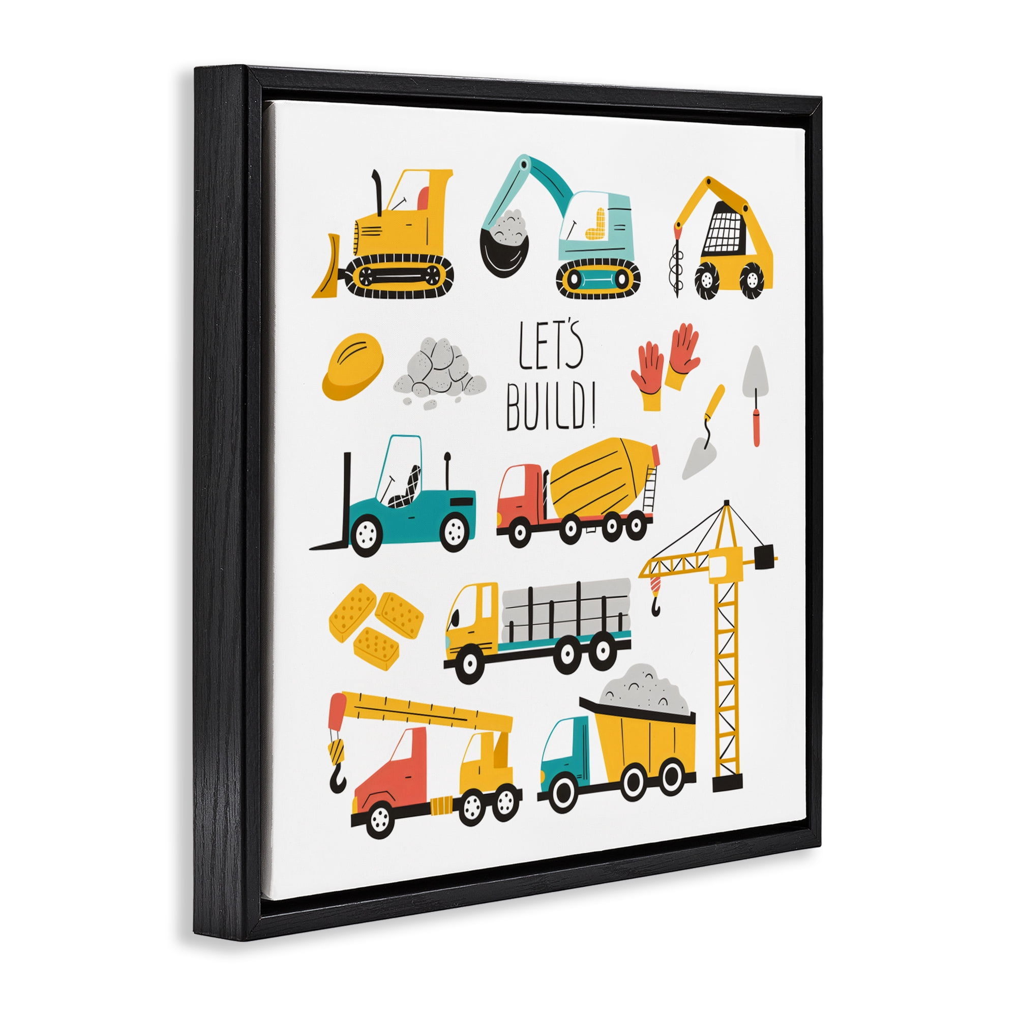 Stupell Industries Let's Build Various Construction Trucks Black Framed Floater Canvas Wall Art, design by Creative Studio
