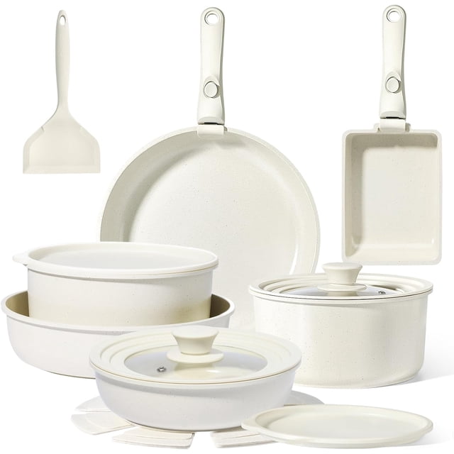 Ceramic Pots and Pans Set Non Stick, Nonstick Detachable Handle Cookware Sets, Healthy Non Toxic PFAS PFOA & PTFE Free, Dishwasher &Oven Safe, Induction Kitchen Pot and Pan, 17 Piece Cream