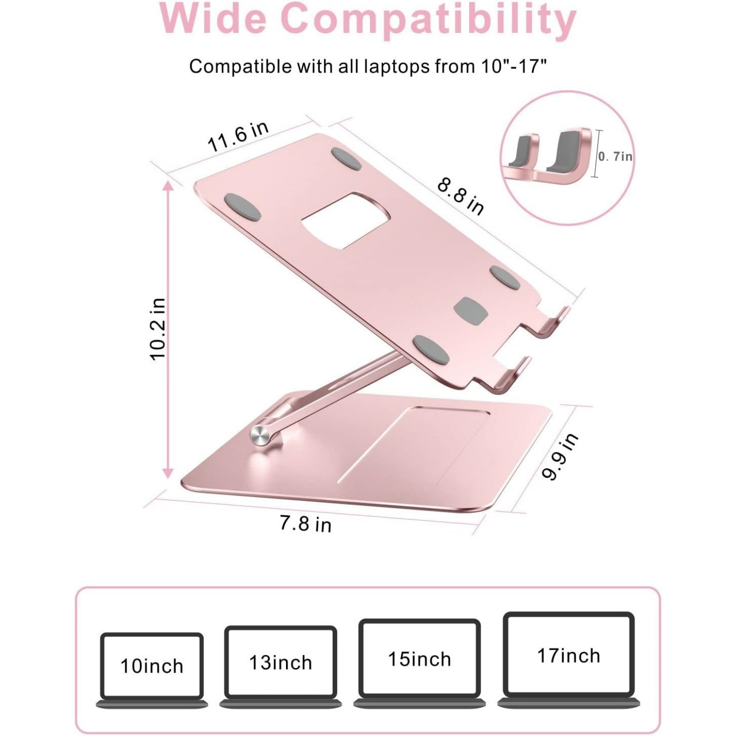Adjustable Pink Laptop Stand for Desk | Ergonomic Aluminum Laptop Riser with Heat-Vent, Compatible for 10-17" Laptops, Rose Gold