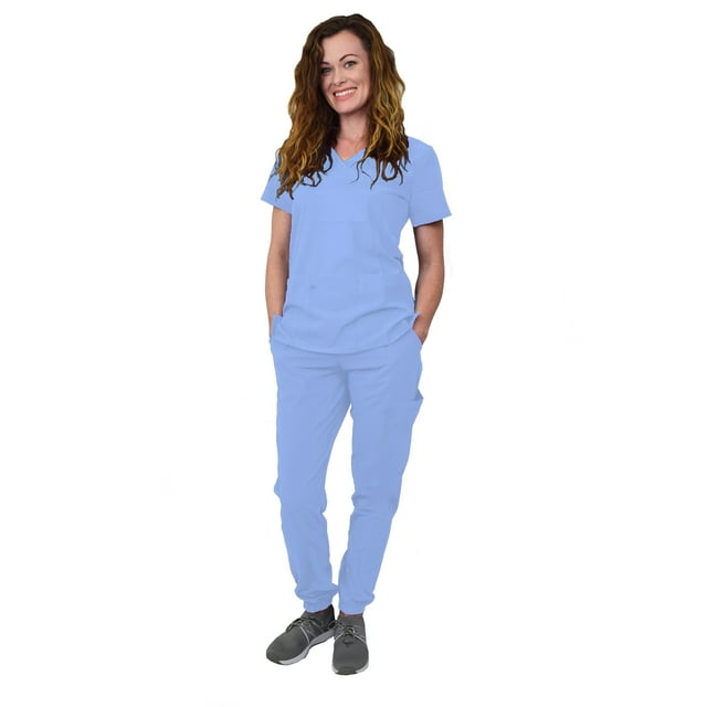 Green Town Scrubs for Women Scrub Set - Jogger Pant and V-Neck Top, 6 Pockets, Easy Care Uniforms