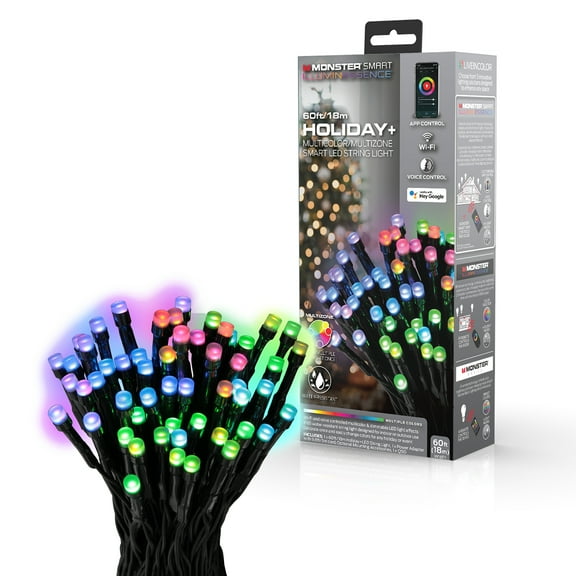 Monster Holiday  60ft Multicolor Multi-Zone Smart LED String Lights, RGB IC Color Flow, Wi-Fi App & Voice Control, Indoor/Outdoor, IP65 Water-Resistant
