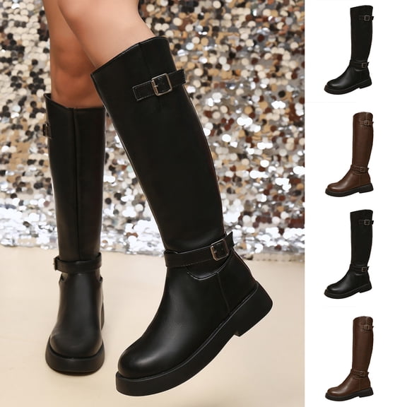 Women Double Buckle Platform Knee High Riding Boots, Round Toe Flat Low Heel Leather Tall Boots, Adjustable Strap Wide Calf Long Boots Brown 8.5(42)