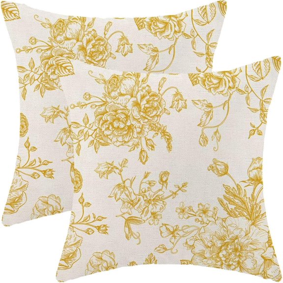 Spring Yellow Floral Pillow Covers 18x18 Inch Set of 2, Chinoiserie Yellow Flower Decorative Throw Pillowcase Vintage Floral Outdoor Cushion Cover for Sofa Couch Living Room Bed Decor