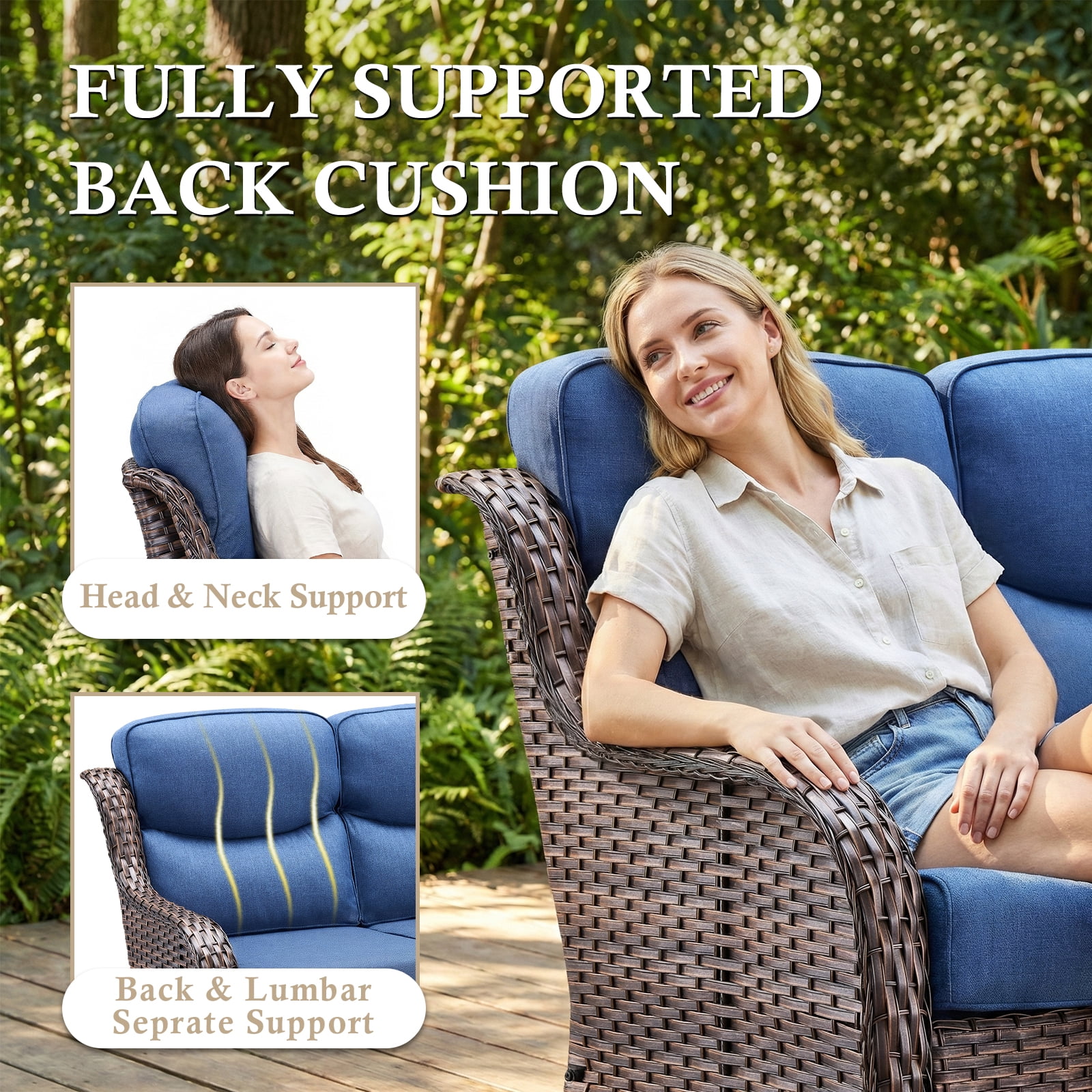 POCASSY 4-Piece Outdoor Patio Furniture Set with Swivel Chairs, Luxury High Back Rattan Wicker Outdoor Conversation Set with 5-inch Thick Seat Cushion Sofa and Swivel Glider Patio Chair for Porch
