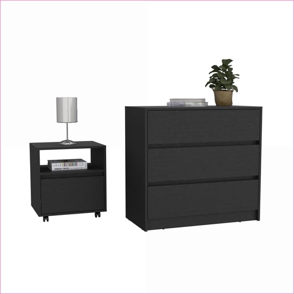 Bedroom Set, 2-Piece Nightstand   Dresser for Bedrooms/Guest Rooms | Black | Double Dressers
