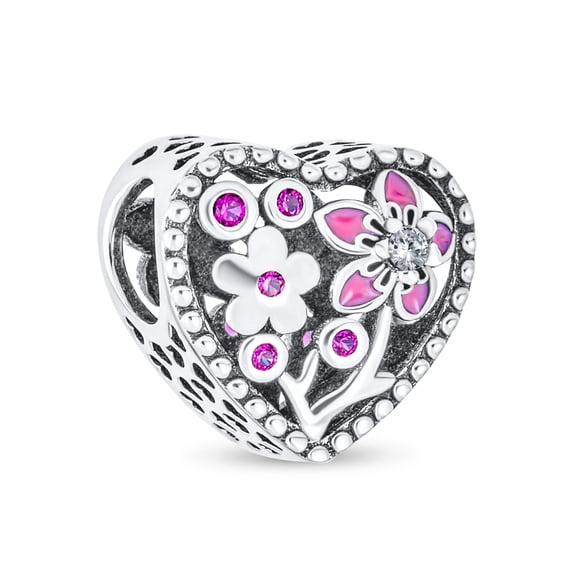 Bling Jewelry Womens Valentine CZ Accent Pink Red Enamel Flower Heart Charm Bead Sterling Silver Fits European Bracelet