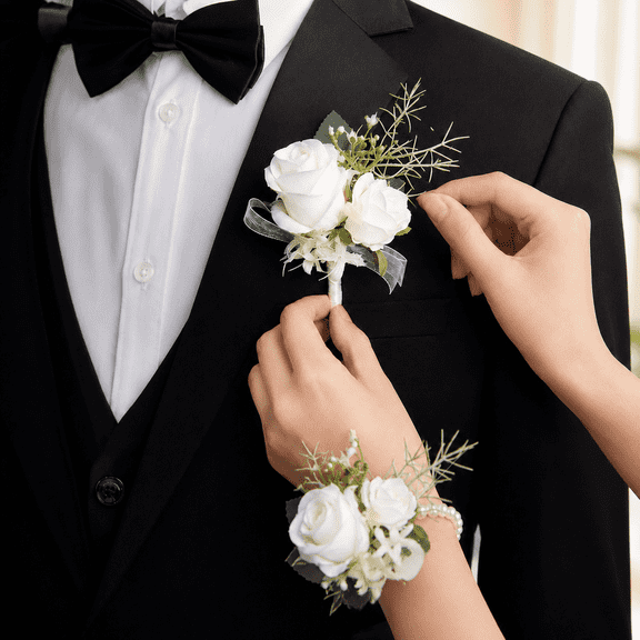 White Rose Corsage and Boutonniere Set, Faux Silk Flower Wrist Corsage Bracelet and Groom Boutonniere for Wedding, Prom, Homecoming, Anniversary and Formal Party