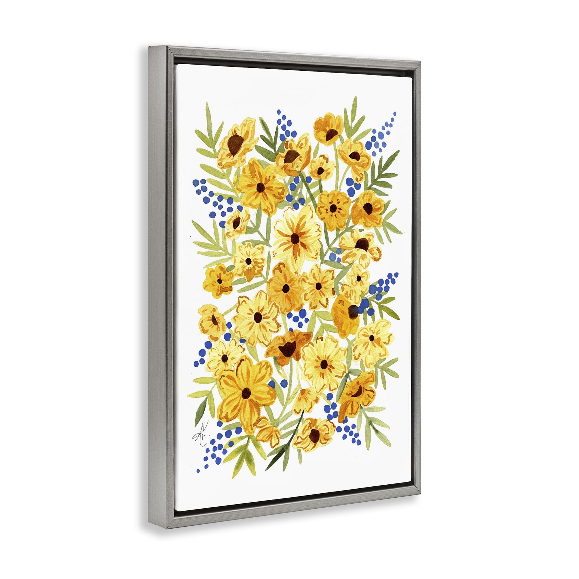 Stupell Industries Yellow Cosmos & Berries Botanical & Floral Painting Gray Floater Framed Art Print Wall Art, 17 x 25
