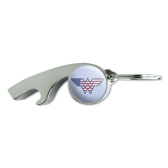 Wonder Woman USA American Flag Logo Keychain Chrome Plated Metal Whistle Bottle Opener