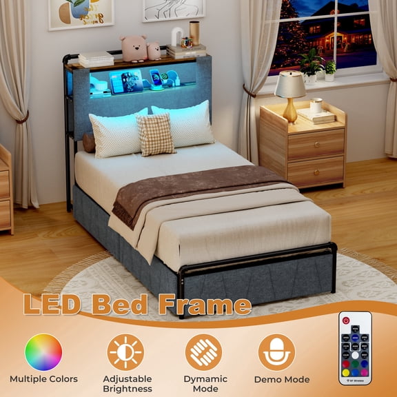 Pikvki Twin Bed Frame with 2 Storage Drawers, Metal Platform Bed with 2-Tier Storage Headboard, Charging Station & LED, Gray