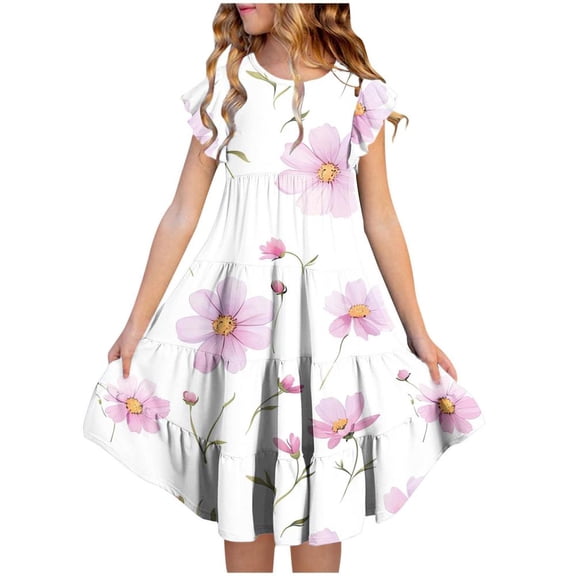 Bxsruta Girls Floral Print Short Sleeve Dress with Ruffled Pockets Round Neck Casual Summer Dresses for Kids Ages 4-12 Years
