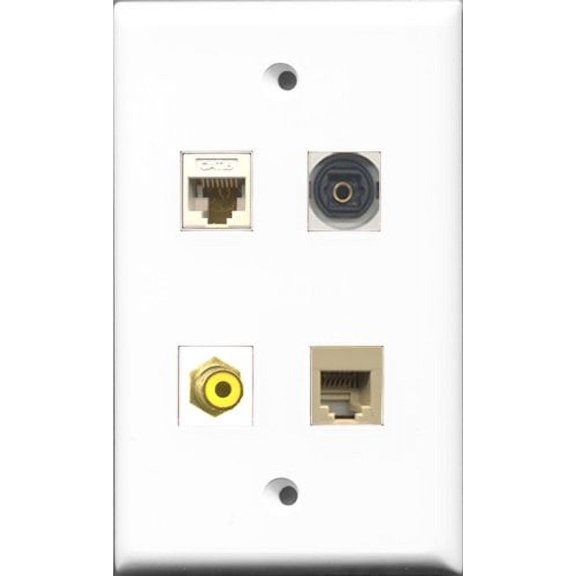 RiteAV 1 Port RCA Yellow and 1 Port Phone RJ11 RJ12 Beige and 1 Port Toslink and 1 Port Cat6 Ethernet White Wall Plate