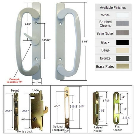 Sliding Glass Patio Door Handle Kit with Mortise Lock and Keepers, A-Position, Centered Latch Lever, White,