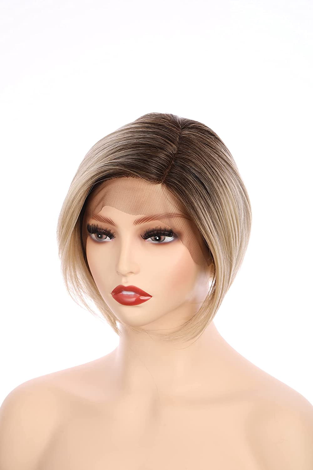 OneDor 8 Inch Angled Layers Lace Front Wig Relaxed Straight Bob Wig (Blonde Blended with Dark Roots-M6182R) …