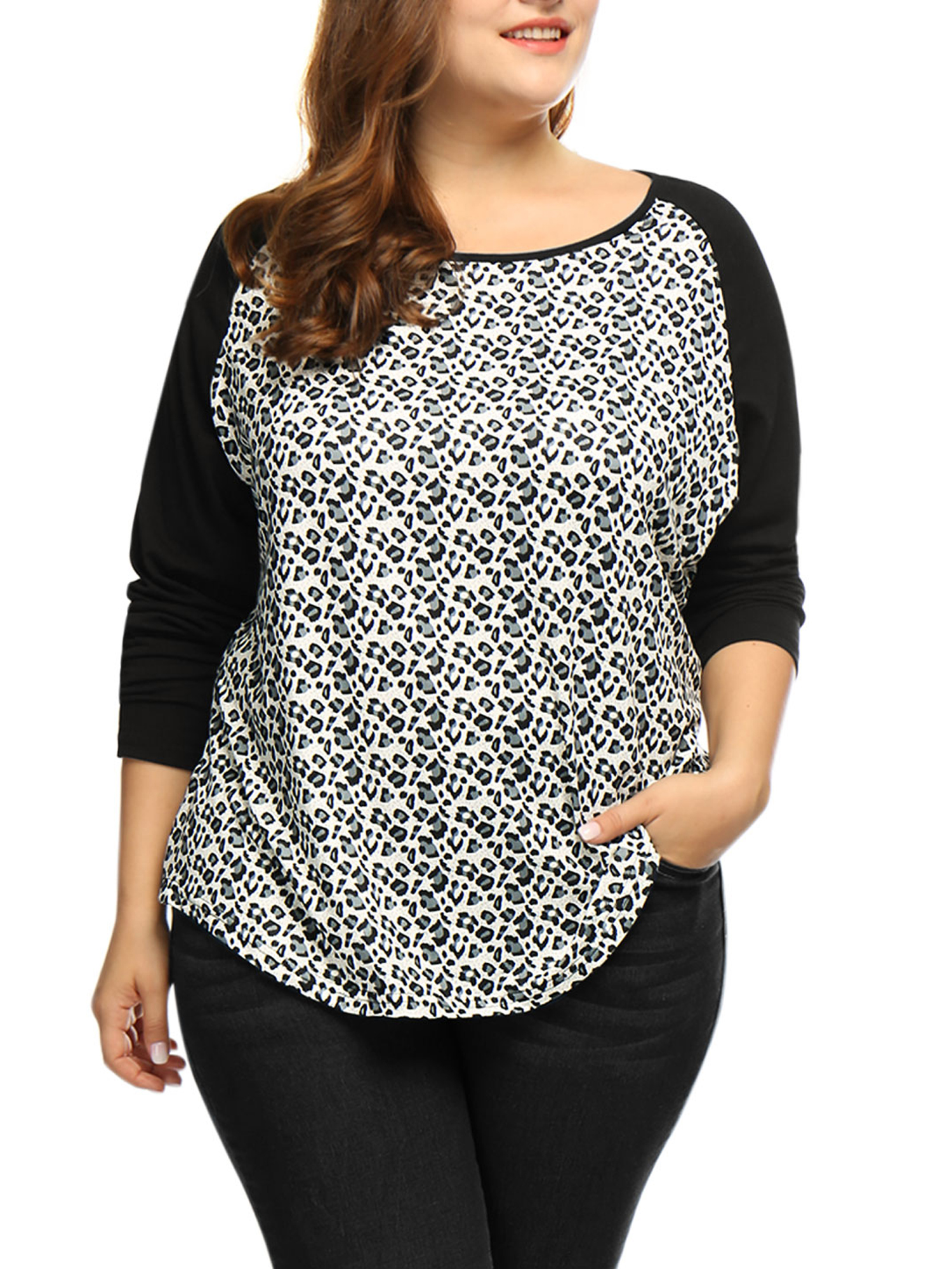 Women's Plus Size Leopard Print Scoop Neck Raglan T-Shirt - Walmart.com
