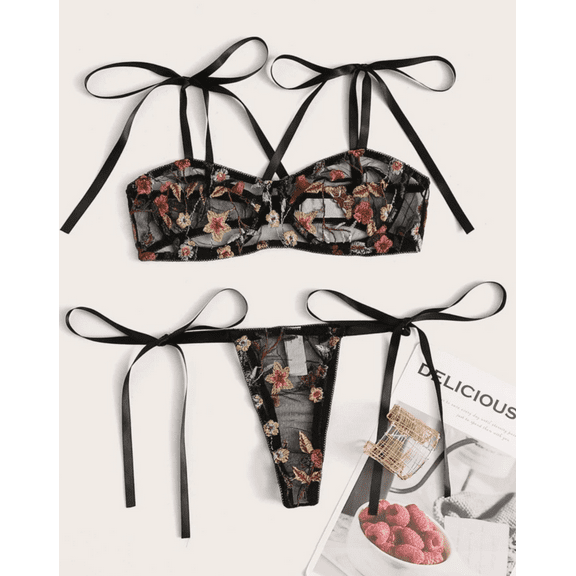 Black Lingerie Set Floral Bow Strap