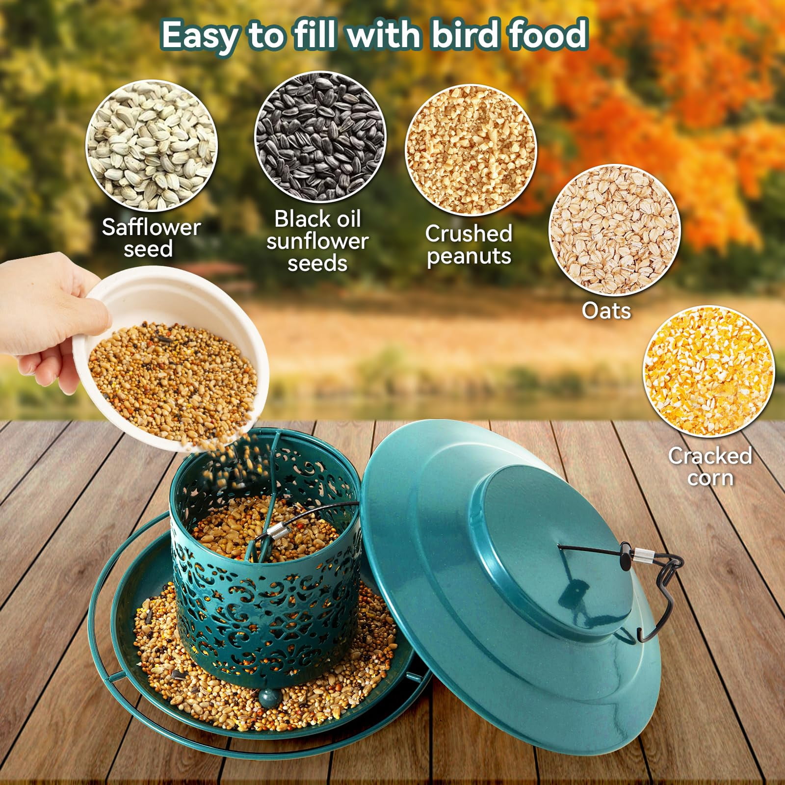 Metal Bird Feeders for Outdoors Hanging, Weather Resistant Wild Bird Feeder with 360 Degree Feeding Tray