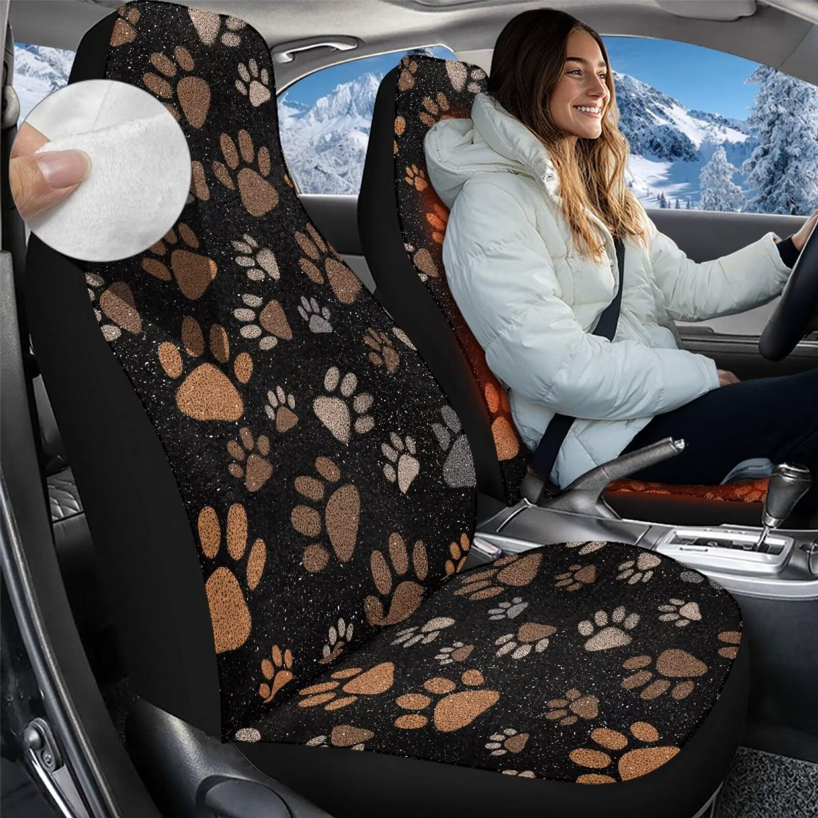 Uorisanigo High Back Front Car Seat Covers Flurry 2-Pack Brown Dog Paws Bucket Seat Covers Universal Fit for Cars Trucks and SUVs, Soft Plush Coral Velvet Fabric
