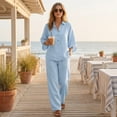 thumbnail image 4 of Textilo Women's Cotton Linen 2 Piece Sets Batwing Sleeve Shirt and Wide Leg Pants Outfit Button V Neck Outfit 2026 Boho Casual Summer Travel Vacation Trendy Outfits Tracksuit,Light Blue S, 4 of 6