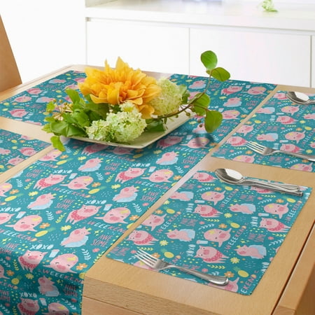 

Piglet Table Runner & Placemats Continuous Pig Pineapples and Flowers Weekend Xoxo Lettering Cartoon Print Set for Dining Table Placemat 4 pcs + Runner 16 x72 Sea Blue Multicolor by Ambesonne