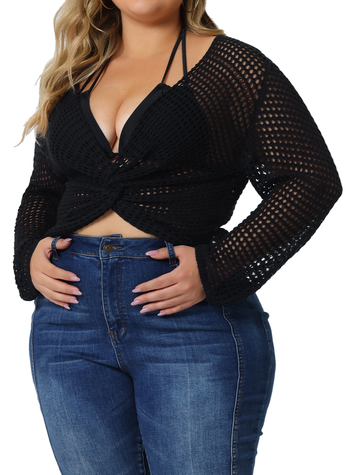 Unique Bargains Women's Plus Size Knitted V-Neck Ruched Cross Hollow Out Long Sleeve Tops 4X Black