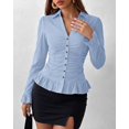 thumbnail image 6 of BTFBM Fitted Button Down Shirts for Women Dressy Casual Tops | Collar V Neck Long Sleeve Ruched Tops, Stretchy Ruffle Blouses, Fall Fashion Clothing, Work Date Night Going Out Outfits, 6 of 7