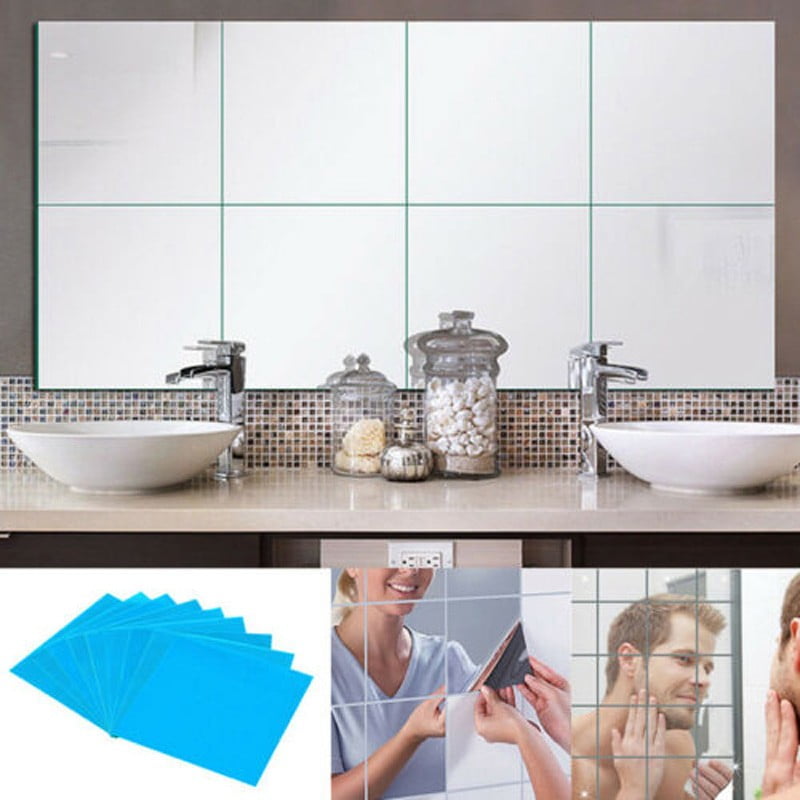 16pcs Mirror Tiles Self Adhesive Back Square Bathroom Decor Wall Stickers Mosaic 