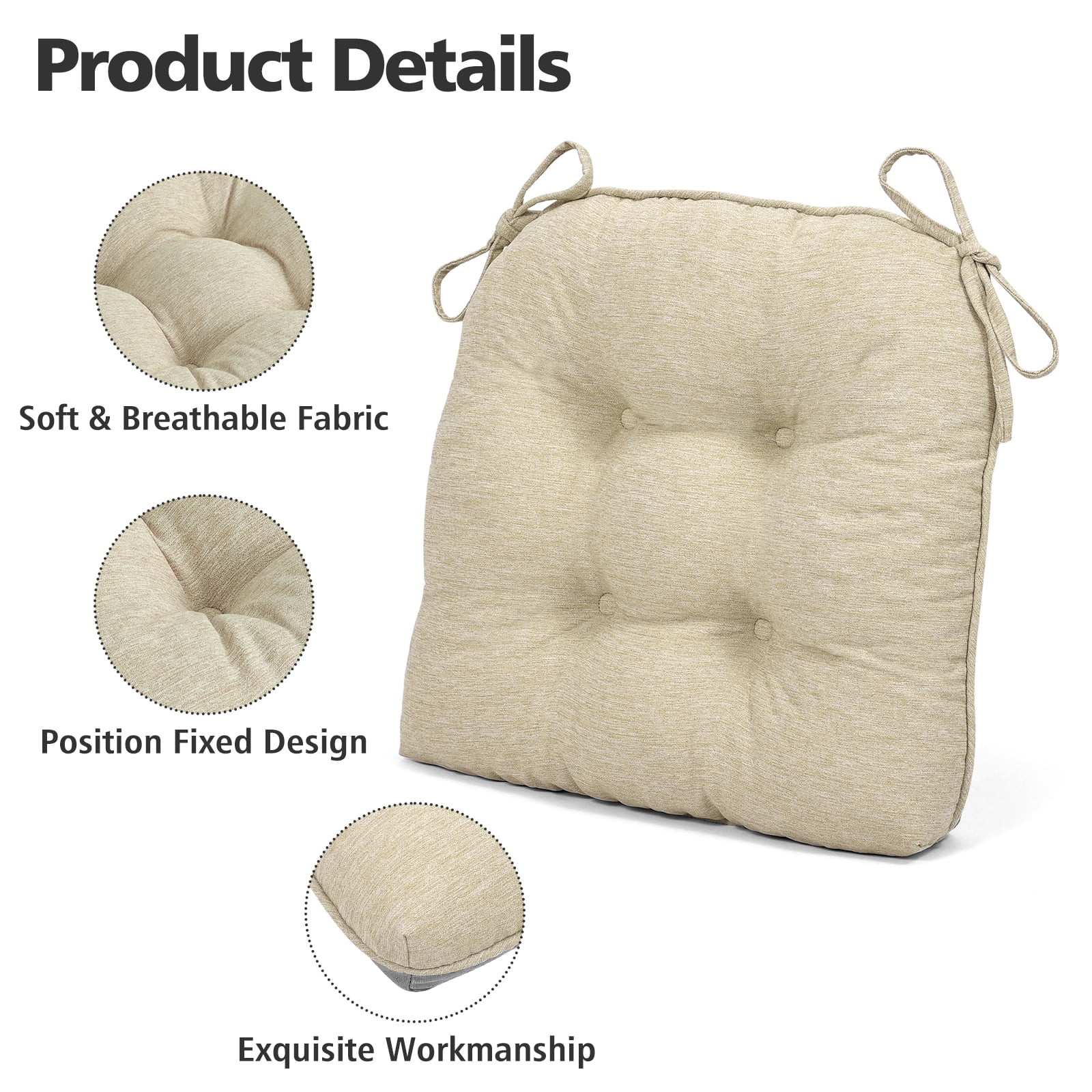 Shinnwa Chair Cushions for Kitchen Chairs Memory Foam Tufted Dining Chair Pads with Ties Non Slip Seat Cushions, Set of 4, Beige