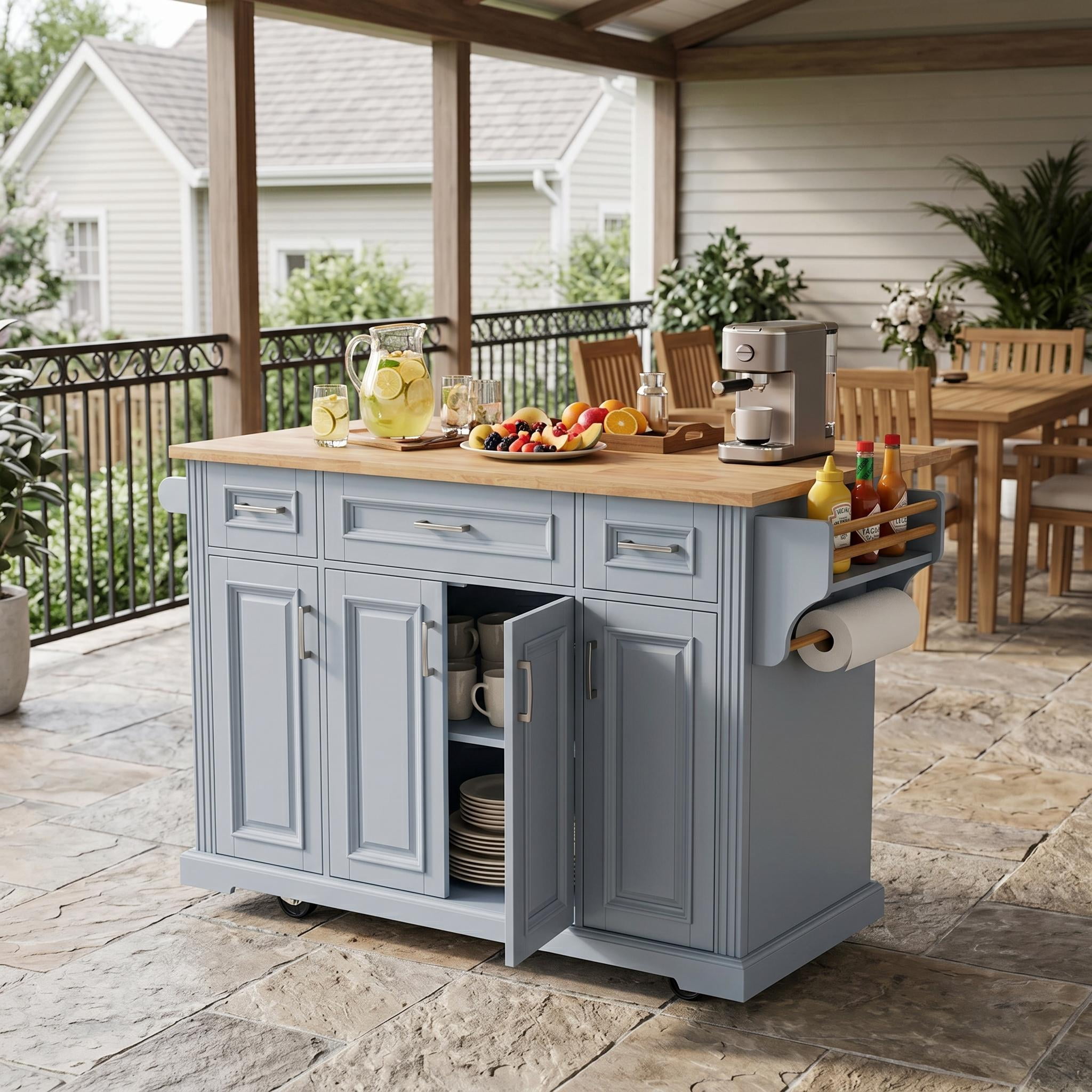 Homy Casa Rolling Kitchen Island Cart with Storage, 3 Drawers, 4 Doors & Side Rack, Gray/Natural for Kitchen and Dining Room