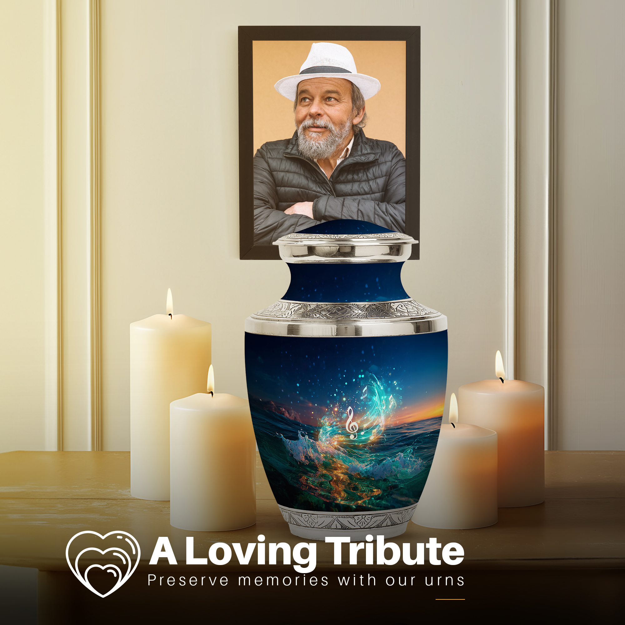 Yatskia Blue Music with Tree Large Cremation Urns for Human Ashes Adult Mom and Dad, Decorative Funeral Urn for Ashes Adult Male, (Tasty Large, 10 Inch)