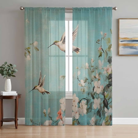 Bird Flowers Sheer Curtains 96 Inch Length 2 Panels Set Watercolor Pastoral Spring Botanical Plants Voile Window Treatment Semi Sheer Long Curtains Drapes for Bedroom/Living Room/Kitchen 52 x96 x2