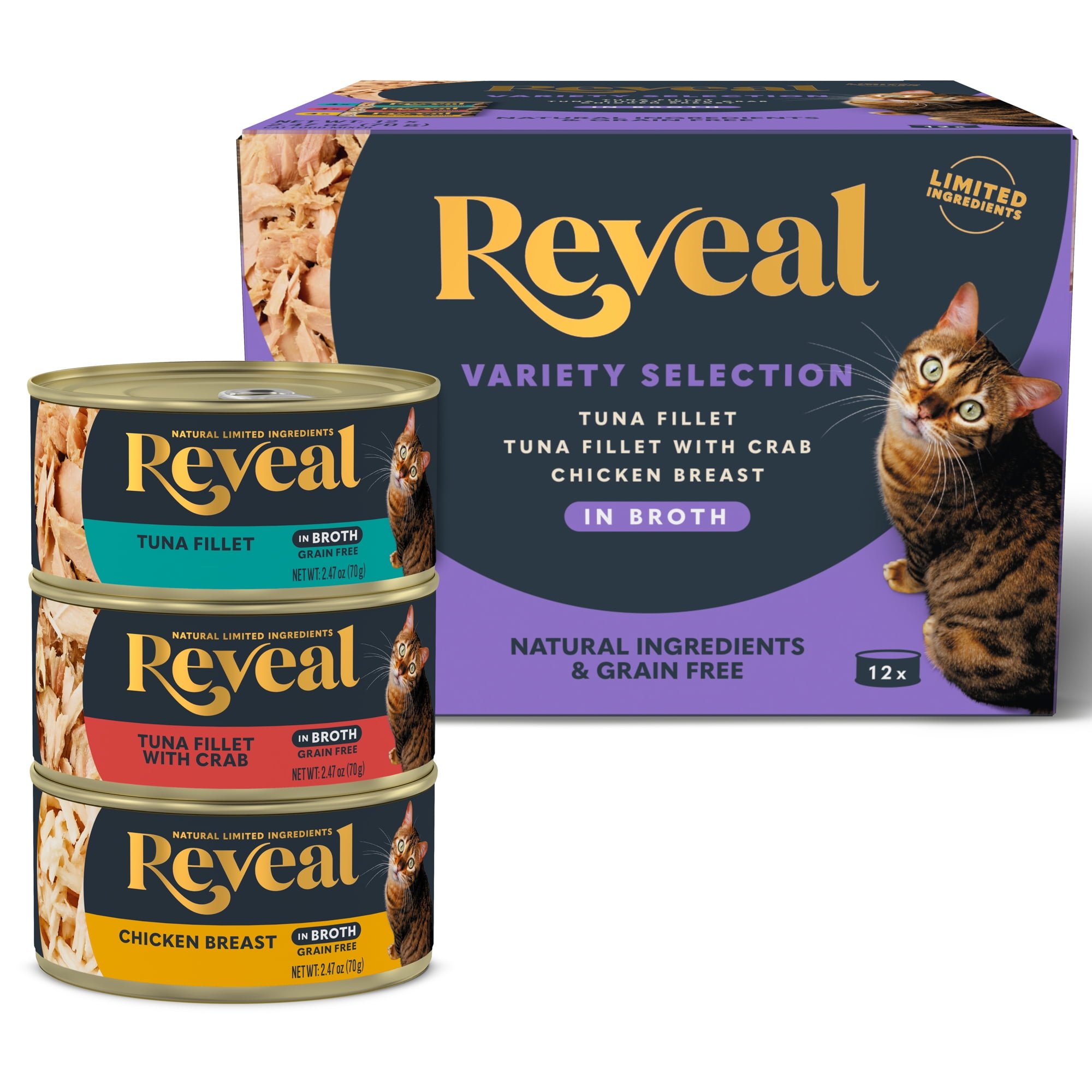 (4 pack) Reveal Pet Food Natural Wet Cat Food Variety Selection in Broth 12 x 2.47oz Cans