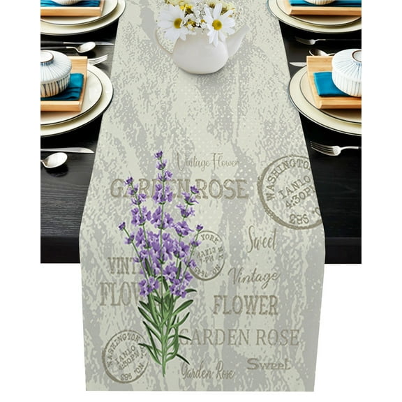 Table Runner Dresser Scarves 90 Inch Long, Vintage Lavender Postcard Purple Floral Linen Dining Table Runners Display Flowers Tabletop Scarf for Wedding Holiday Party Kitchen