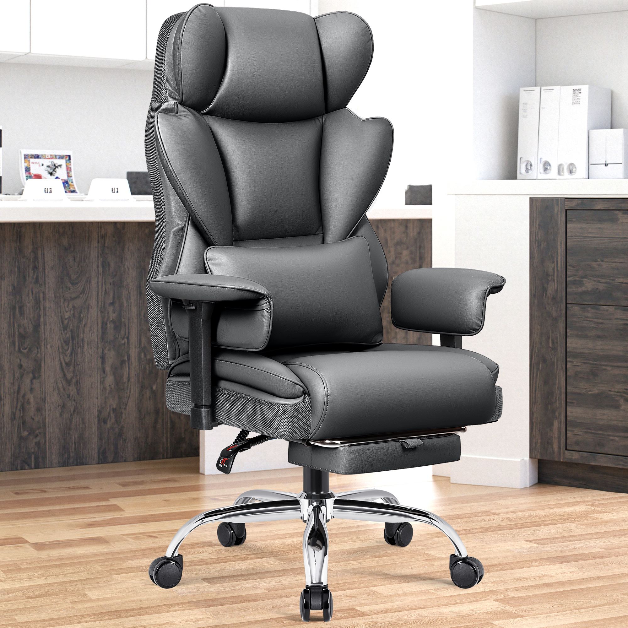 COOLHUT Large Executive PU Leather Office Chair with Adjustable Armrests and Footrest, High Back and Lumbar Support, Ideal for Big and Tall Users, Perfect for Home Office or Computer Desk Use, Gray