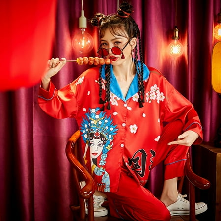 

PIKADINGNIS Summer Pajamas Women Sleepwear The Tide Chinoiserie Imitated Silk Fabric Sexy Pajama Set Cartoon Plus Size
