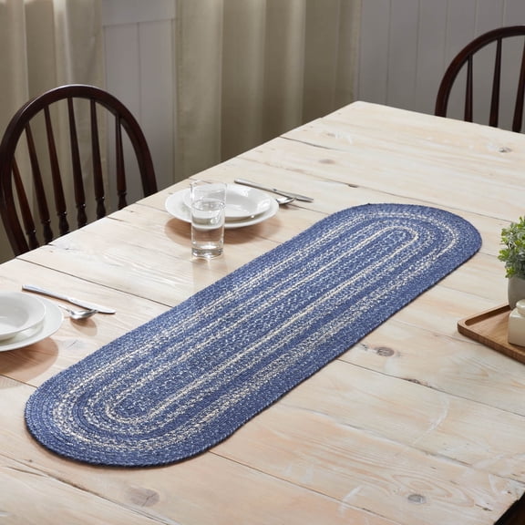 VHC Brands Great Falls, Braided Jute Table Runner, Oval, Blue, 13x49