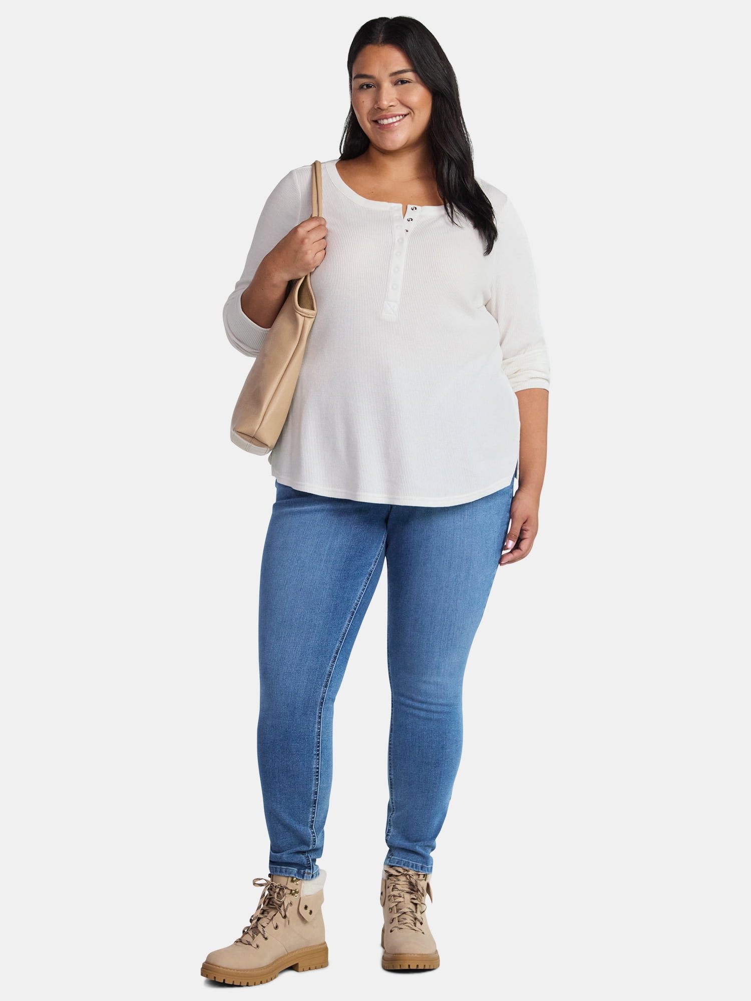Terra & Sky Women’s Plus Thermal Henley Top with Long Sleeves, Size 0X-5X