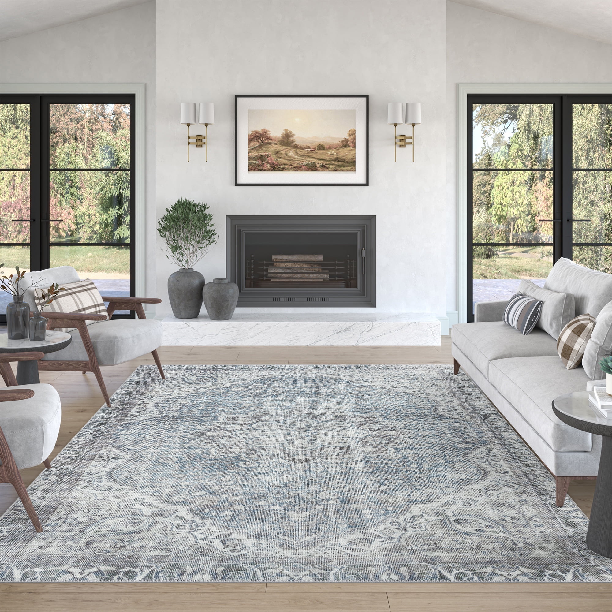 Traditional 8x10 Area Rug (7'11'' x 10'3'') Oriental Navy, Gray Living Room Easy to Clean Machine Washable