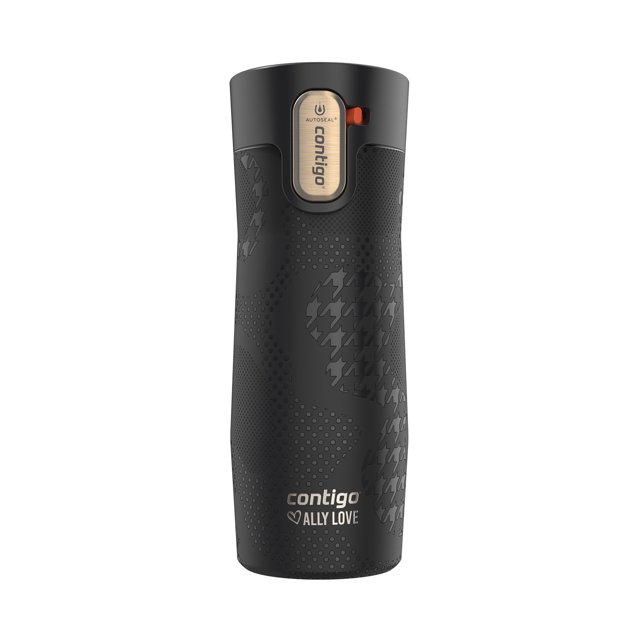 Contigo x Ally Love West Loop vacuum-insulated stainless steel travel mug with easy-clean AUTOSEAL lid, 16 oz, black with textured houndstooth pattern, featuring leak- and spill-proof technology, thermal insulation keeping drinks hot up to 11 hours or cold up to 24, and a one-handed button for easy drinking, suitable for commuters and travelers.