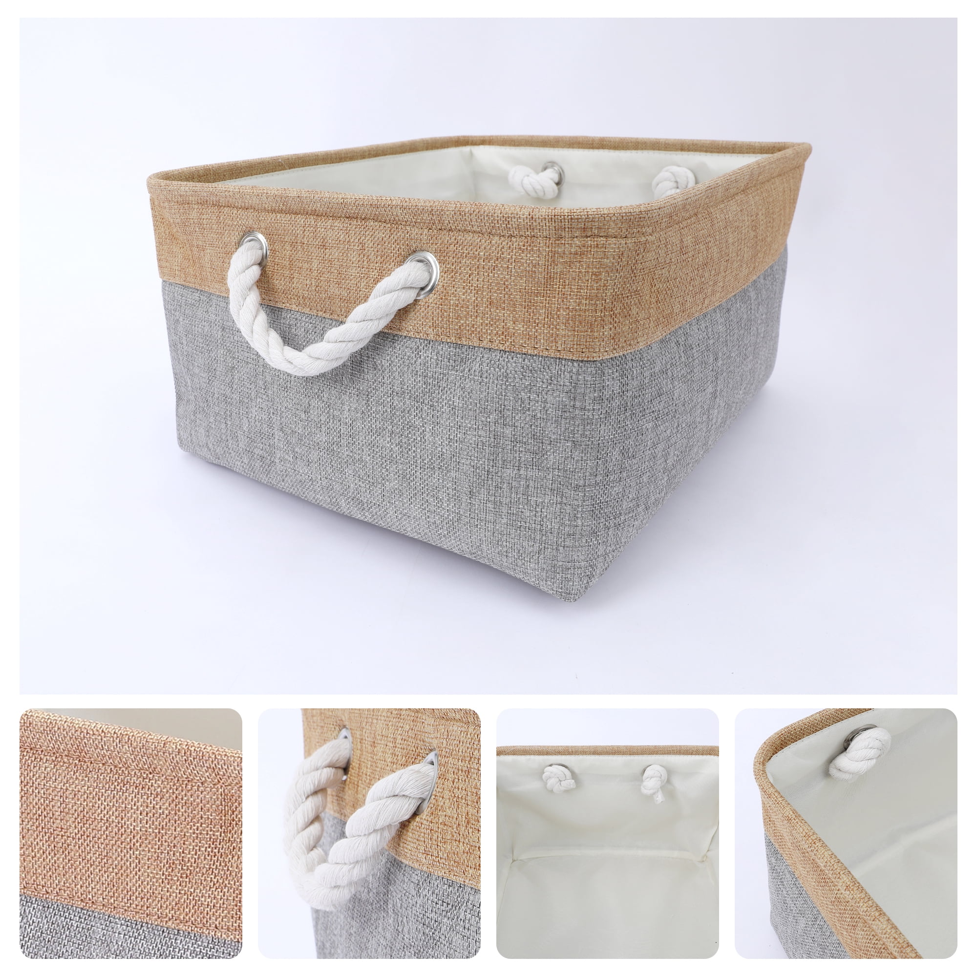 Unique Bargains Storage Bin with Handle Fabric Cube Grey/Brown 14*10*6.5in