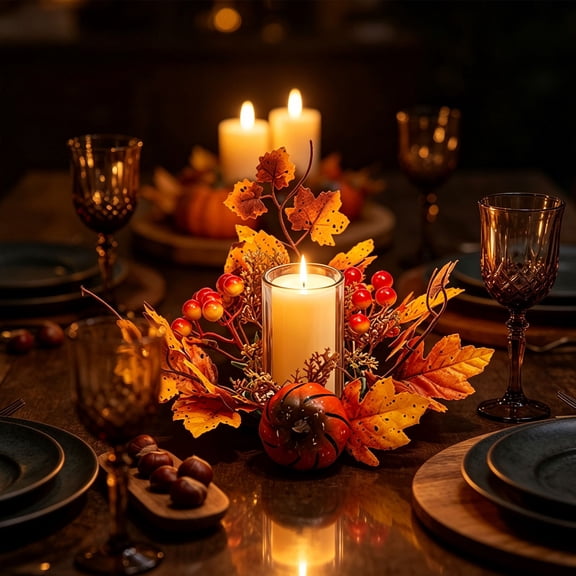 10 Inch Fall Maple Leaf Candle Ring Wreath with Pumpkin Sunflower Berries, Wire Frame Thanksgiving Halloween Pillar Candle Holder Ring for Farmhouse Table Mantel Kitchen Cabinet Centerpiece Decor