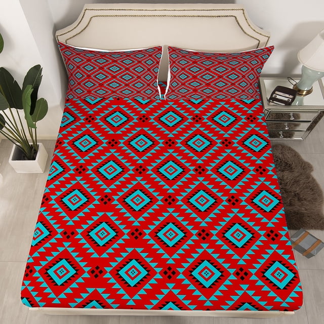 Erosebridal Drap-Housse Vintage Aztèque Jumeau pour Enfants, Ensemble de Drap-Housse Rouge Bleu Jumeau, Décor Géométrique Boho (Sans Drap Plat)