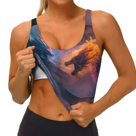 Qokaie Watercolor Sky Dragon Pattern Womens Scoop Neck Sports Bra Breathable Workout Vest Padded U Back Medium Impact Fitness Gym Yoga Bra Workout Crop Top