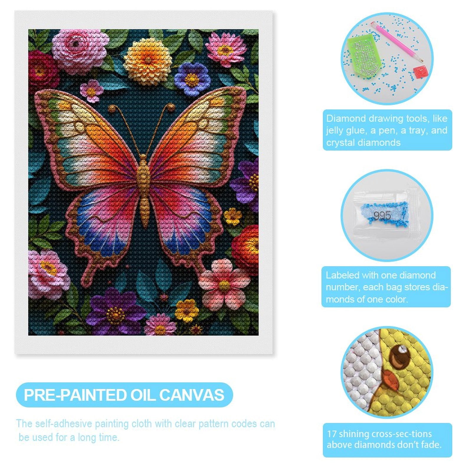 Diamond Art Kits for Adults, Colorful Butterfly Floral Nature Art 5D Diamond Painting Kits for Adults Beginners, DIY Full Drill Diamond Painting, Gem Art and Crafts 12x16