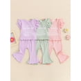 thumbnail image 4 of Aojekbee Little Girls Ribbed Set, Letter Print Round Neck Short Sleeve Tops Elastic Waist Flare Pants Toddler Summer Outfits, 4 of 10