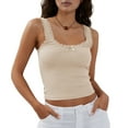 thumbnail image 2 of Women'S Tank Tops Cute Slim Fitted Ribbed Knit Lace Camisole Top Summer Square Neck Sleeveless Going Apricot S, 2 of 9